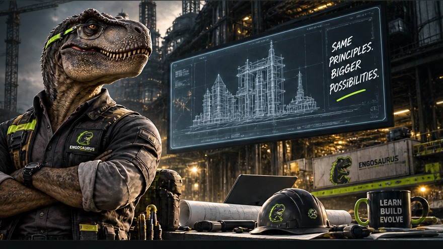 Engosaurus T-Rex engineer in an industrial engineering environment
